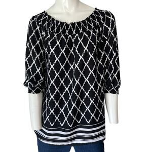 CHICO'S Top Size Small Black Geometric Smocked Feminine Off Shoulder